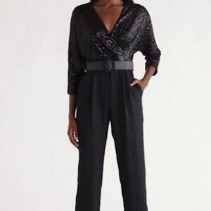 Eliza J Black Sequin Bodice Mixed Media Jumpsuit